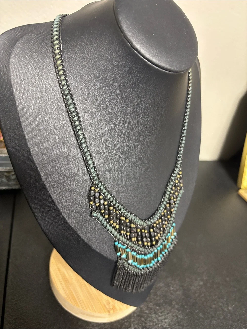 Boho Fringed Beaded Statement Necklace in Black & Turquoise